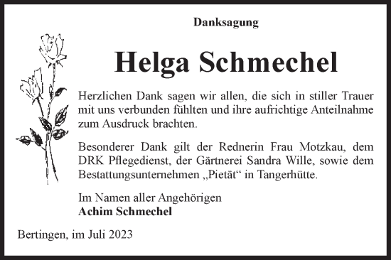 Traueranzeige von Helga Schmechel von Volksstimme Altmark Ost