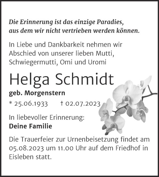 Traueranzeige von Helga Schmidt von Trauerkombi Mansfelder Land