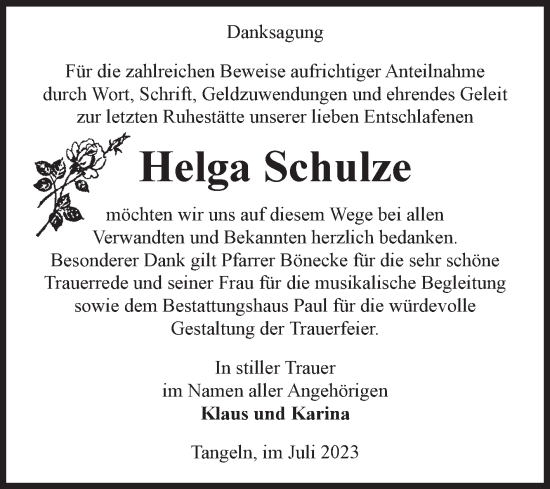 Traueranzeige von Helga Schulze von Volksstimme Altmark West