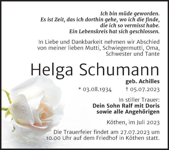 Traueranzeige von Helga Schumann von Trauerkombi Köthen