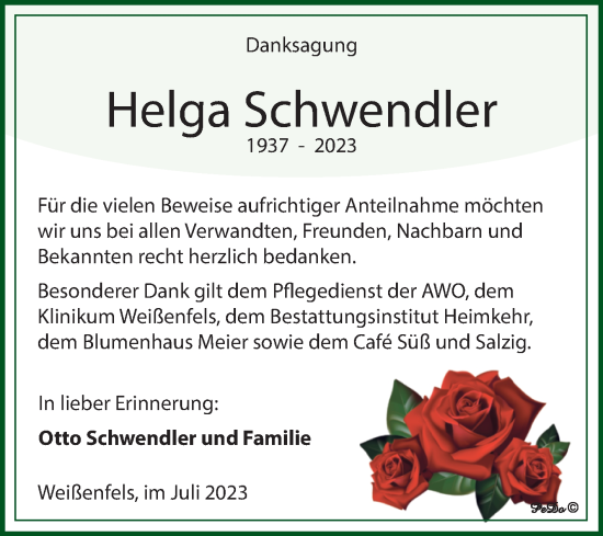 Traueranzeige von Helga Schwendler von Trauerkombi Weißenfels