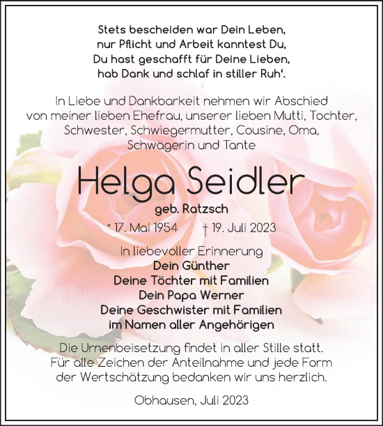 Traueranzeige von Helga Seidler von Trauerkombi Merseburg