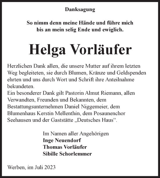 Traueranzeige von Helga Vorläufer von Volksstimme Altmark Ost