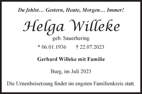 Traueranzeige von Helga Willeke von Volksstimme Burg/Genthin