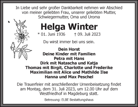 Traueranzeige von Helga Winter von Volksstimme Magdeburg
