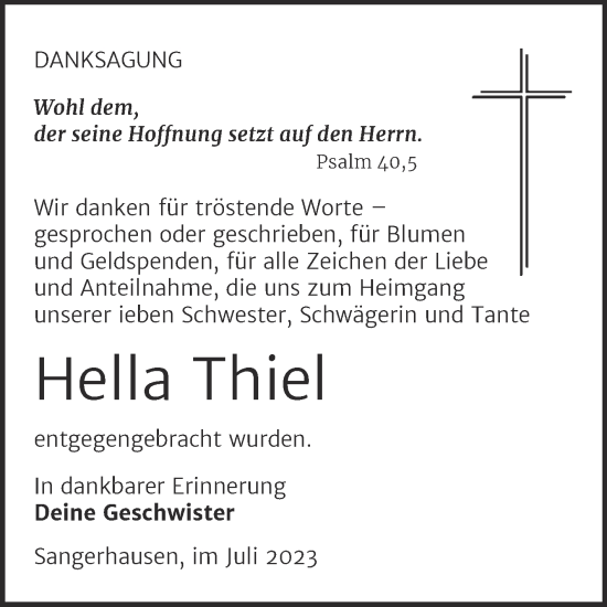 Traueranzeige von Hella Thiel von Trauerkombi Sangerhausen