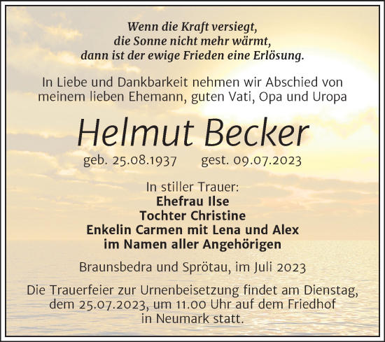 Traueranzeige von Helmut Becker von Trauerkombi Merseburg
