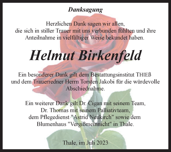 Traueranzeige von Helmut Birkenfeld von Trauerkombi Quedlinburg