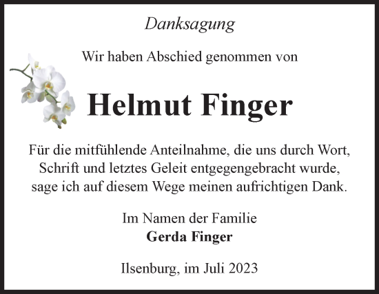 Traueranzeige von Helmut Finger von Volksstimme Wernigerode