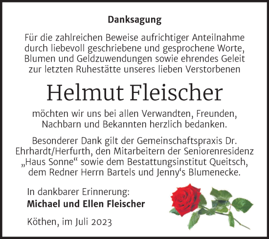 Traueranzeige von Helmut Fleischer von Trauerkombi Köthen