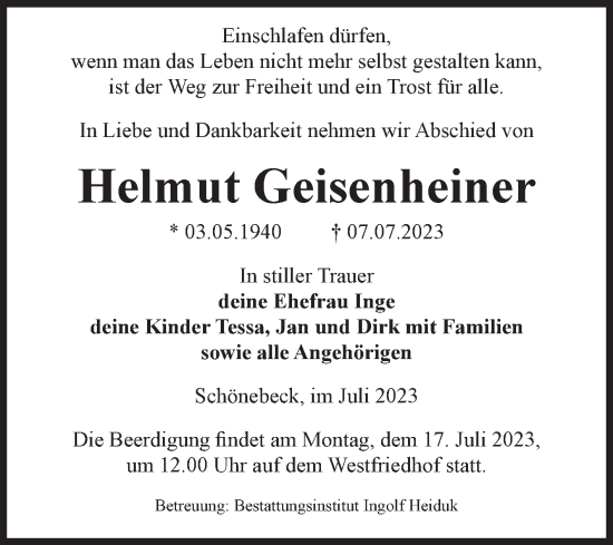Traueranzeige von Helmut Geisenheiner von Volksstimme Schönebeck