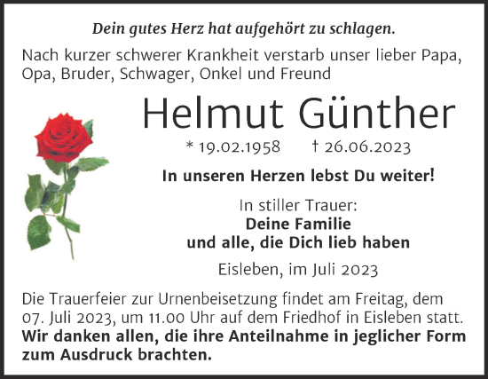 Traueranzeige von Helmut Günther von Trauerkombi Mansfelder Land