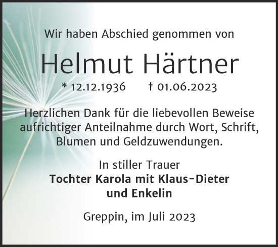 Traueranzeige von Helmut Härtner von Trauerkombi Bitterfeld