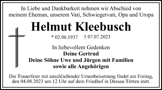 Traueranzeige von Helmut Kleebusch von Trauerkombi Dessau