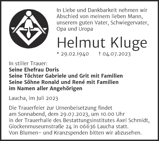Traueranzeige von Helmut Kluge von Wochenspiegel Naumburg/Nebra