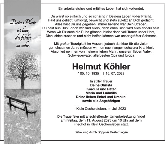 Traueranzeige von Helmut Köhler von Volksstimme Oschersleben/Wanzleben