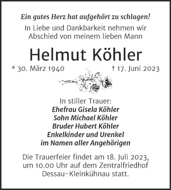 Traueranzeige von Helmut Köhler von Trauerkombi Dessau