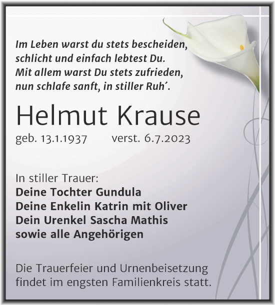 Traueranzeige von Helmut Krause von Trauerkombi Köthen