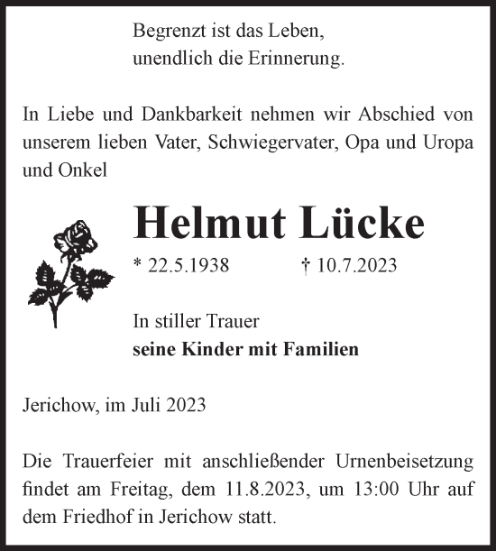 Traueranzeige von Helmut Lücke von Volksstimme Burg/Genthin