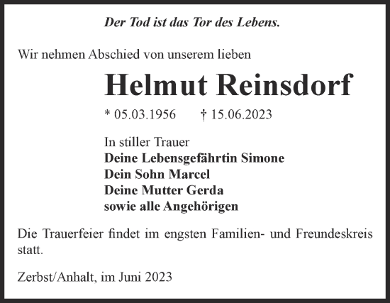 Traueranzeige von Helmut Reinsdorf von Volksstimme Zerbst
