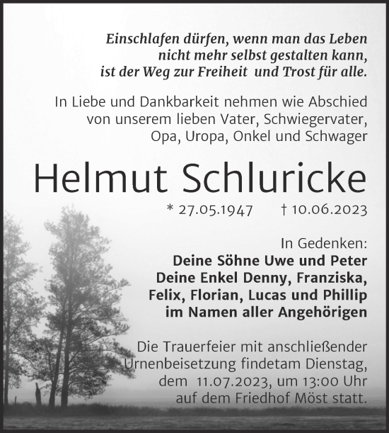 Traueranzeige von Helmut Schluricke von Trauerkombi Bitterfeld