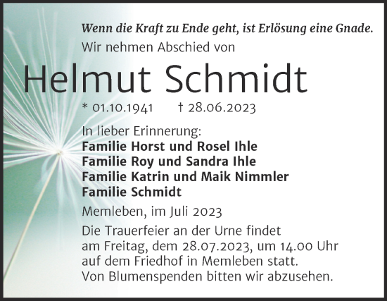 Traueranzeige von Helmut Schmidt von Wochenspiegel Naumburg/Nebra