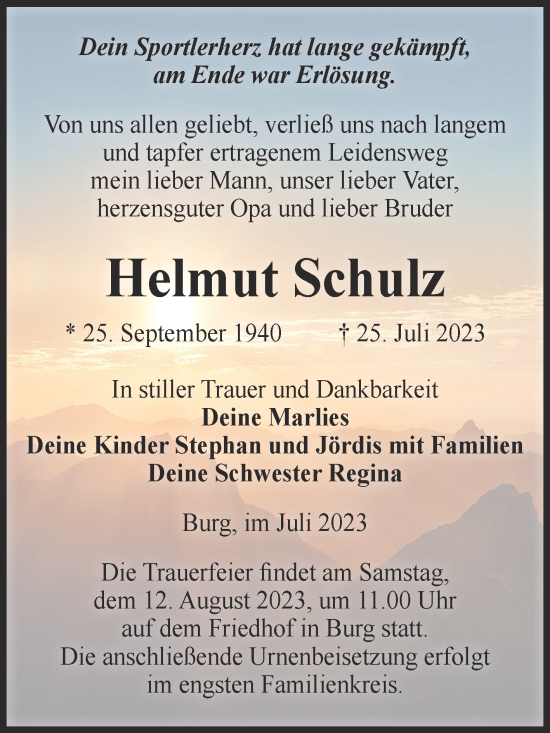Traueranzeige von Helmut Schulz von Volksstimme Burg/Genthin