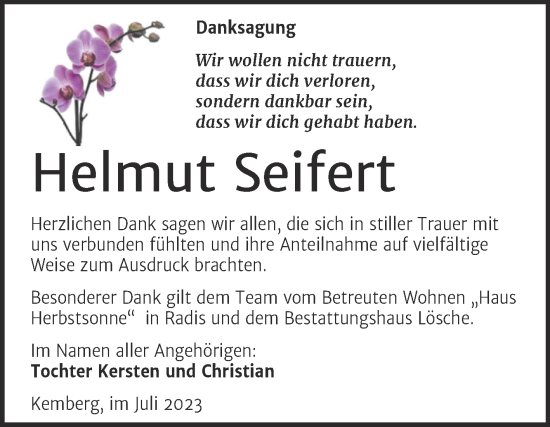 Traueranzeige von Helmut Seifert von Trauerkombi Wittenberg