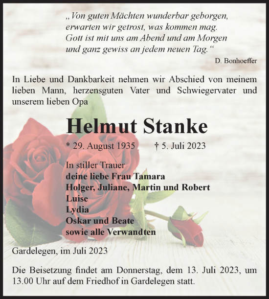 Traueranzeige von Helmut Stanke von Volksstimme Altmark West