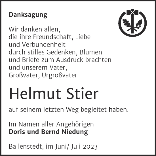 Traueranzeige von Helmut Stier von Trauerkombi Quedlinburg