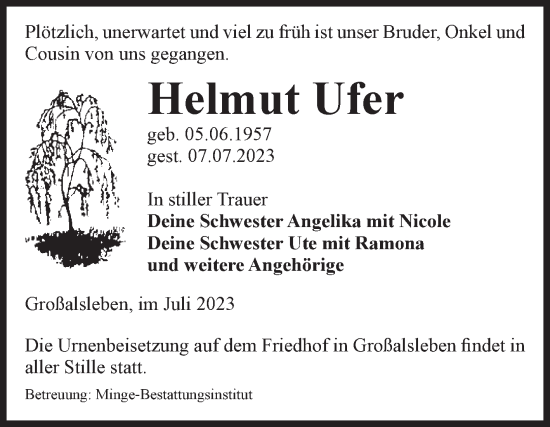 Traueranzeige von Helmut Ufer von Volksstimme Oschersleben/Wanzleben