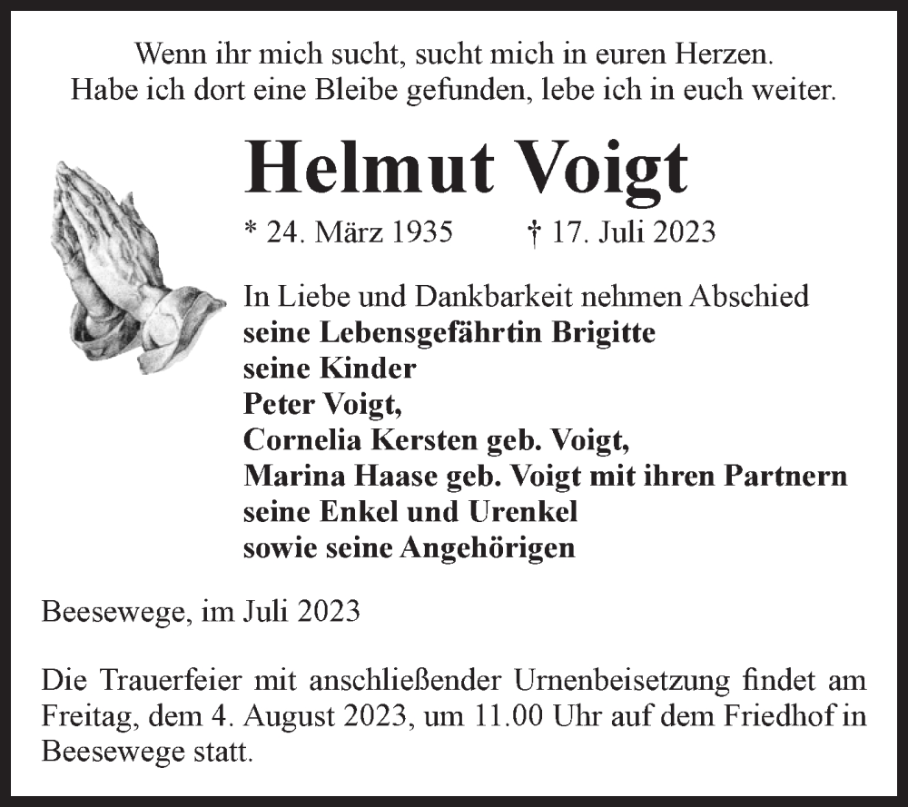  Traueranzeige für Helmut Voigt vom 26.07.2023 aus Volksstimme Altmark Ost