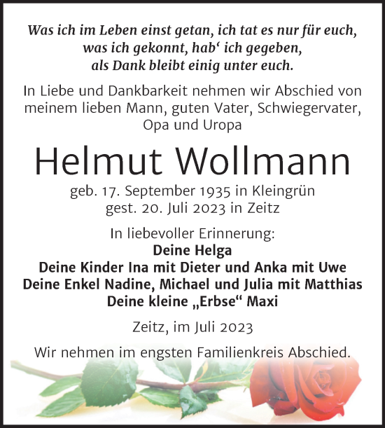 Traueranzeige von Helmut Wollmann von Trauerkombi Zeitz