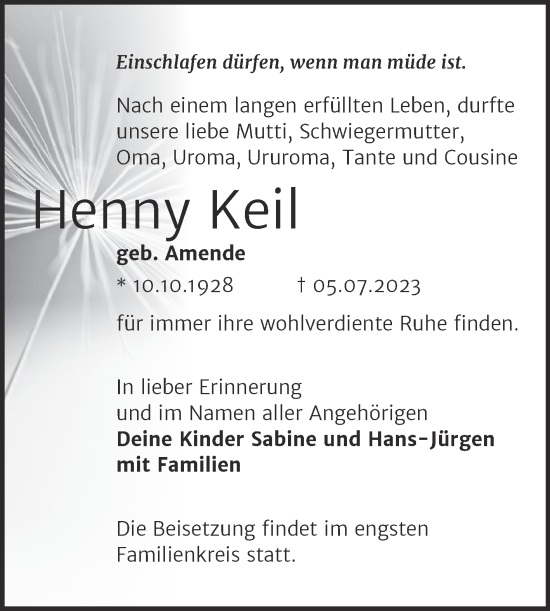 Traueranzeige von Henny Keil von Mitteldeutsche Zeitung Halle/Saalkreis