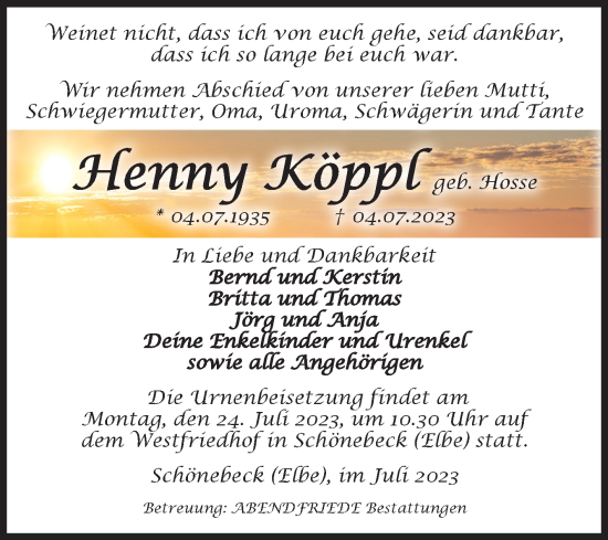 Traueranzeige von Henny Köppl von Volksstimme Schönebeck