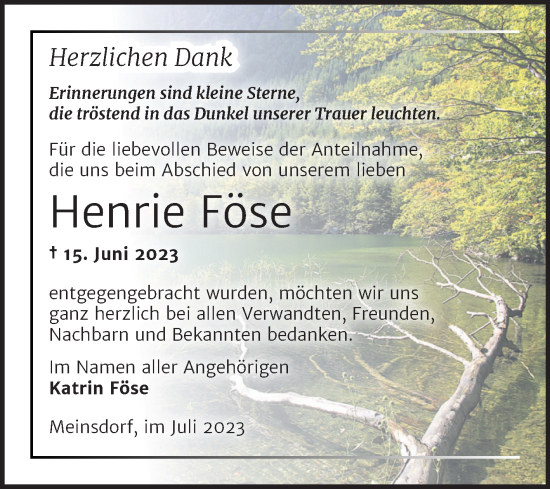 Traueranzeige von Henrie Föse von Trauerkombi Dessau