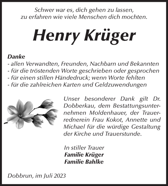 Traueranzeige von Henry Krüger von Volksstimme Altmark Ost