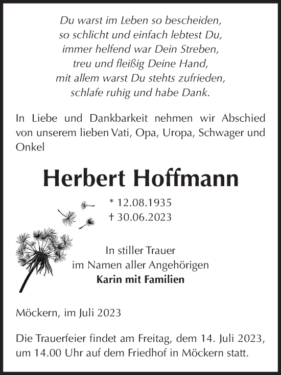 Traueranzeige von Herbert Hoffmann von Volksstimme Burg/Genthin