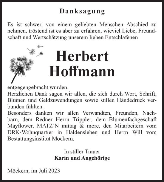 Traueranzeige von Herbert Hoffmann von Volksstimme Burg/Genthin
