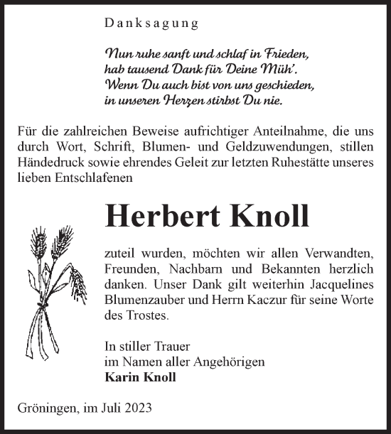 Traueranzeige von Herbert Knoll von Volksstimme Oschersleben/Wanzleben