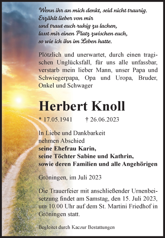 Traueranzeige von Herbert Knoll von Volksstimme Oschersleben/Wanzleben