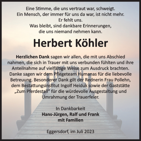 Traueranzeige von Herbert Köhler von Volksstimme Schönebeck