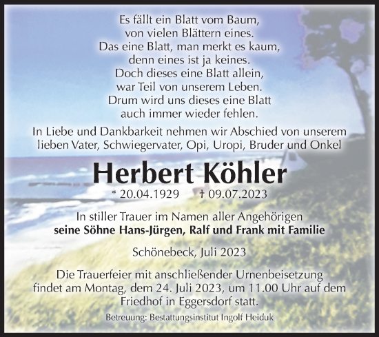 Traueranzeige von Herbert Köhler von Volksstimme Schönebeck