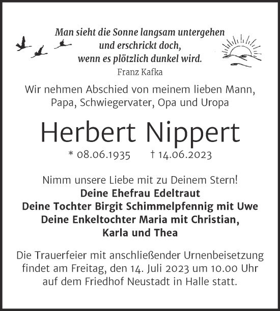 Traueranzeige von Herbert Nippert von Mitteldeutsche Zeitung Halle/Saalkreis