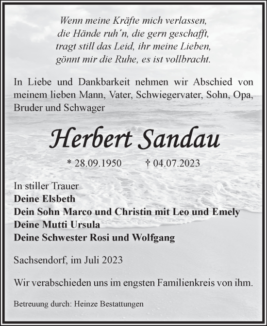 Traueranzeige von Herbert Sandau von Volksstimme Schönebeck