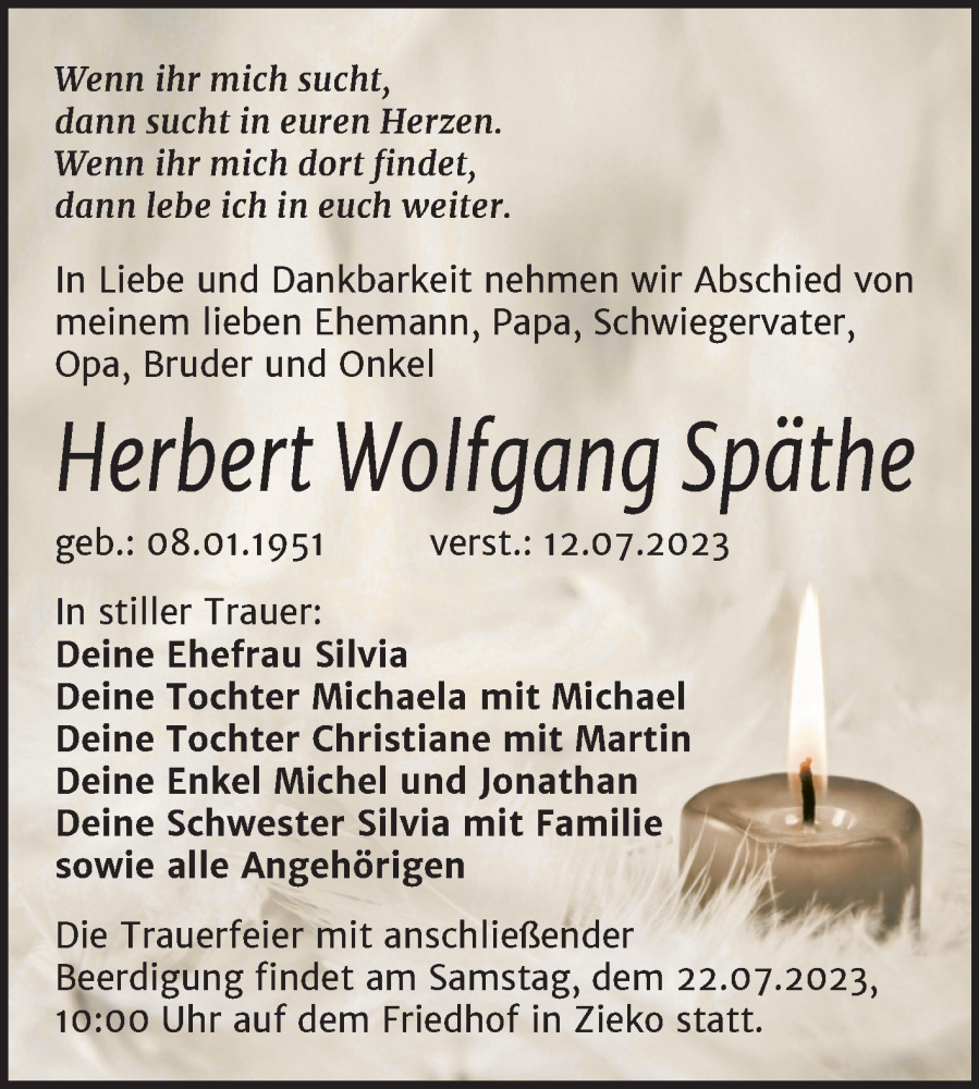  Traueranzeige für Herbert Wolfgang Späthe vom 15.07.2023 aus Trauerkombi Wittenberg