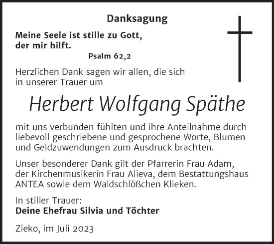 Traueranzeige von Herbert Wolfgang Späthe von Trauerkombi Wittenberg