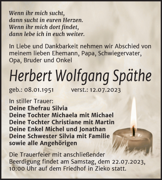 Traueranzeige von Herbert Wolfgang Späthe von Trauerkombi Wittenberg