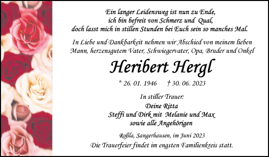 Traueranzeige von Heribert Hergl von Trauerkombi Sangerhausen