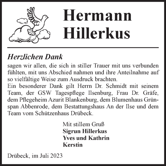 Traueranzeige von Hermann Hillerkus von Volksstimme Wernigerode
